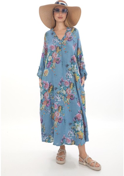 Bohomiyan Büyük Beden İtalyan Uzun Dijital Çiçek Baskılı Keten V Yaka Gömlek Elbise fiyatları