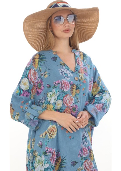 Bohomiyan Büyük Beden İtalyan Uzun Dijital Çiçek Baskılı Keten V Yaka Gömlek Elbise modelleri