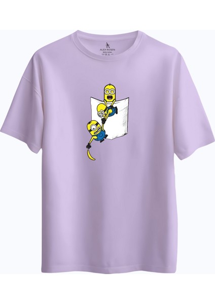 Oversize Bisiklet Yaka Minnions Baskılı Kısa Kollu Mor Tişört