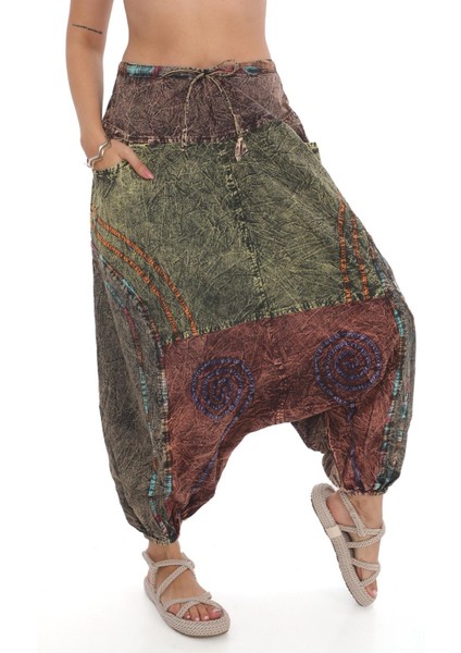 Hint Otantik Yıkamalı Taşlanmış Patchwork Şalvar Pantolon