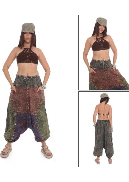 Hint Otantik Yıkamalı Taşlanmış Patchwork Şalvar Pantolon