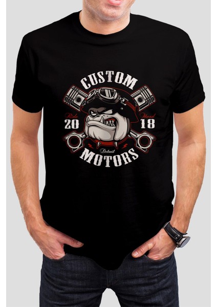 Motorcu Köpek Baskılı Siyah Unisex Tişört C366