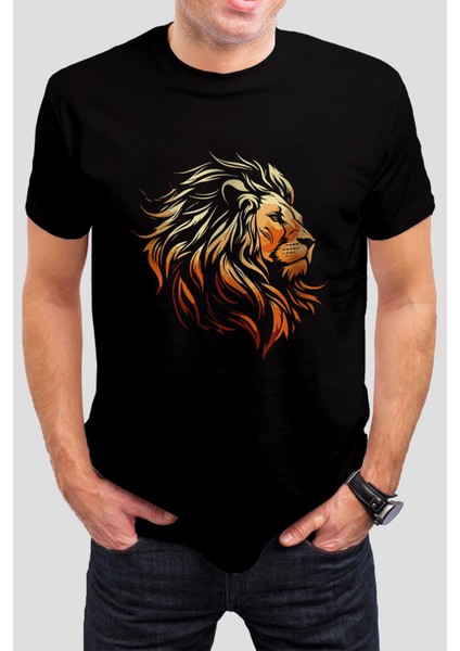 Aslan Baskılı Siyah Unisex Tişört C381