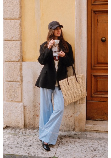 Çizgili Rahat Pantolon Mavi