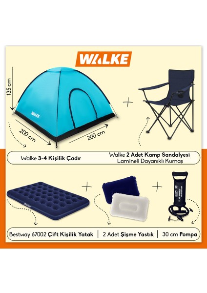 Lüks Kamp Seti 4 Kişilik Çadır+ Çift Kişilik Yatak+ 2 Sandalye + Pompa+ 2 Yastık
