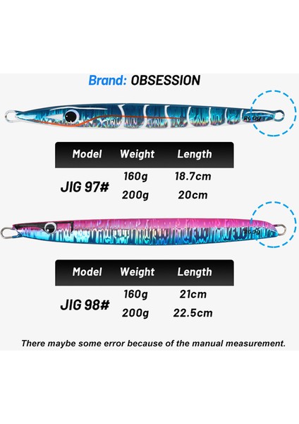 JIG98-4 Stili 160G Obsessıon 160G 200G Büyük Zanaat Jigpara Dikey Uzun Metal Jig Yardımcı Kancalar Tuzlu Su Çipura Yavaş Lavabo Jig Mücadele (Yurt Dışından) modelleri