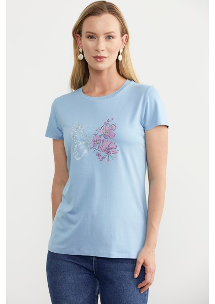 Kelebek Baskılı Basic Tişört - Mavi