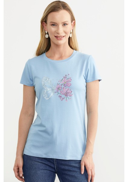 Kelebek Baskılı Basic Tişört - Mavi fiyatları