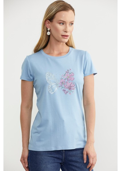 Kelebek Baskılı Basic Tişört - Mavi modelleri