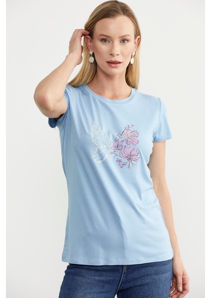 Kelebek Baskılı Basic Tişört - Mavi fırsatları