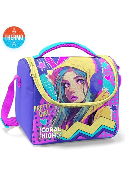 Kids Lavanta Turkuaz Kulaklıklı Kız Desenli Thermo Beslenme Çantası 11871