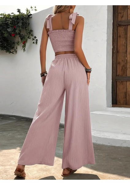 Kadın Üstü Gipeli Crop Beli Lastikli Bol Pantolon Bürümcük Ikili Takım fiyatları