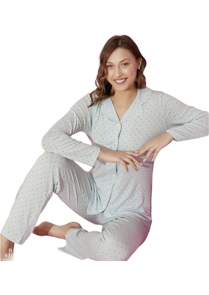 Tarık Kadın Mint Viskon Uzun Kollu Düğmeli Güpürlü Pijama Takımı 6100-5