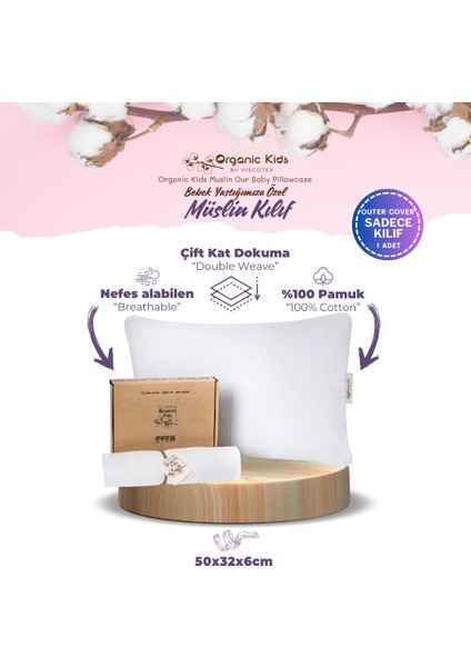 Çift Katlı Müslin Bebek Yastık Kılıfı, Pamuk, 50X32X6 cm