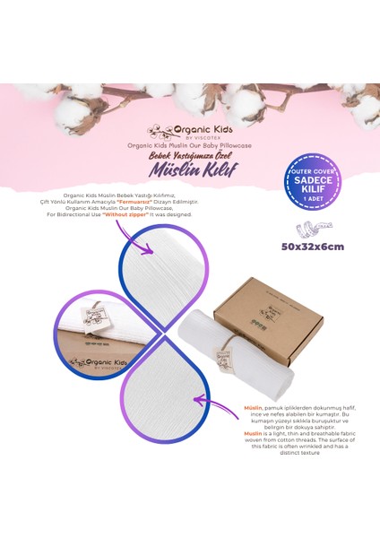 Çift Katlı Müslin Bebek Yastık Kılıfı, Pamuk, 50X32X6 cm fiyatları