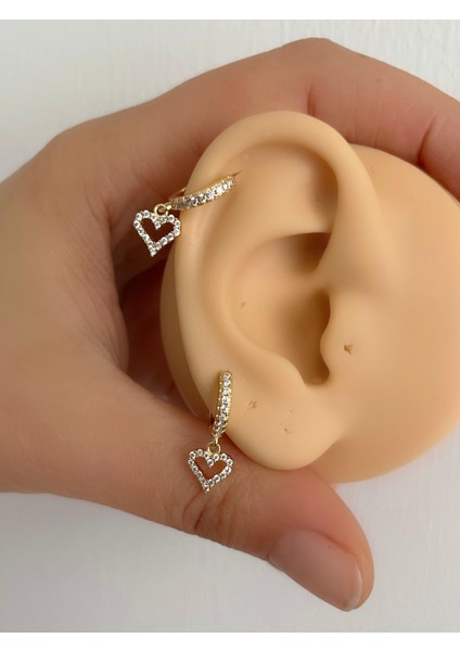 Zirkon Taşlı Kalp Sallantılı 1 Adet Halka Helix Kıkırdak Lobe Uyumlu Piercing Küpe