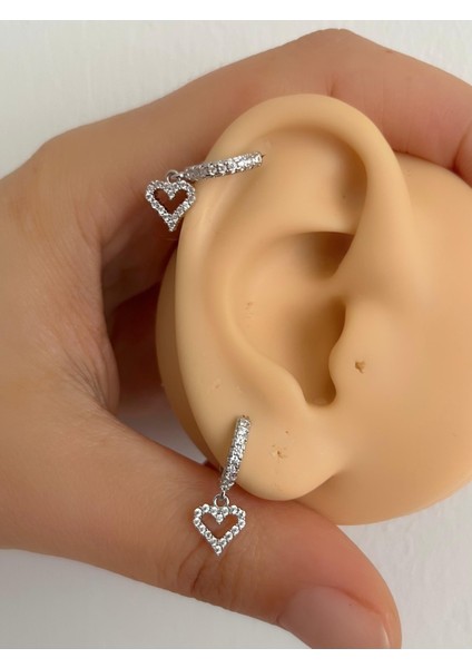 Zirkon Taşlı Kalp Sallantılı 1 Adet Halka Helix Kıkırdak Lobe Uyumlu Piercing Küpe