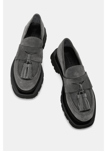 Be Style  London Kadın Gri  Süet Deri Püsküllü Loafer