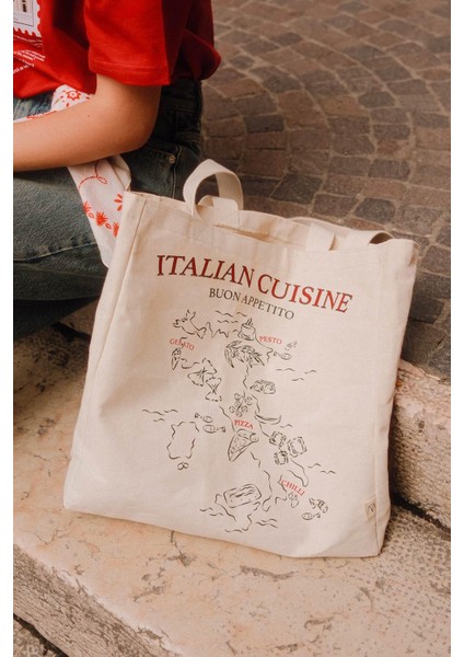 Baskılı Körüklü Bez Çanta Italy