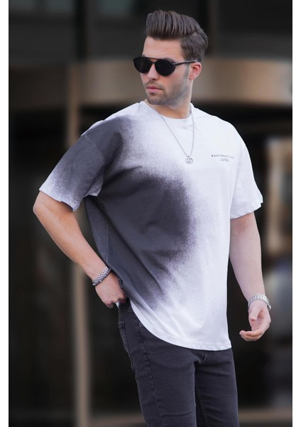 Beyaz Baskılı Bisiklet Yaka Erkek Tişört 7028