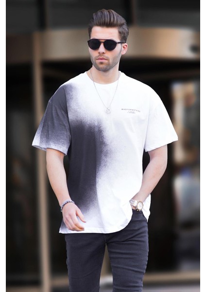 Beyaz Baskılı Bisiklet Yaka Erkek Tişört 7028 modelleri