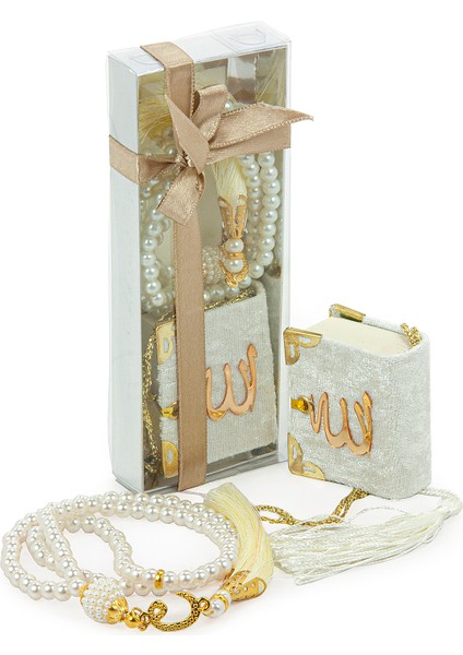 Inci Tesbihli ve Mini Kadife Kuranı Kerim Set Mevlüt Hediyesi - Beyaz