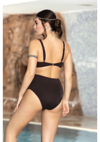 Kadın Kahverengi Simli V Yaka Ayarlanabilir Askılı Yüksel Bel Üçgen Bikini Takımı HZL24S-AR1764 fiyatları