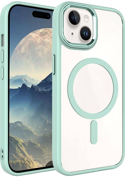 Zeyline Apple iPhone 15 Uyumlu Wireless Şarj Özellikli Zore Krom Magsafe Silikon Kapak-Yeşil