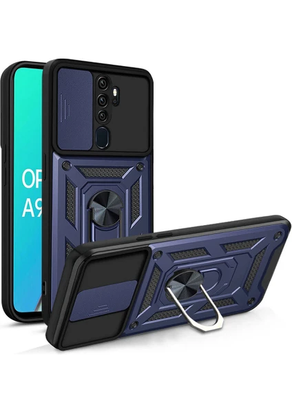 Case 4u Oppo A9 2020 Kılıf Magnetik Standlı Kamera Korumalı Sürgülü Vega Kapak Lacivert