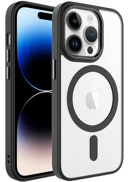 Zeyline Apple iPhone 14 Pro Uyumlu Wireless Şarj Özellikli Zore Krom Magsafe Silikon Kapak-Siyah