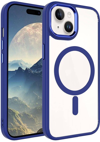 iPhone 15 Plus Uyumlu Wireless Şarj Özellikli Zore Krom Magsafe Silikon Kapak-Lacivert