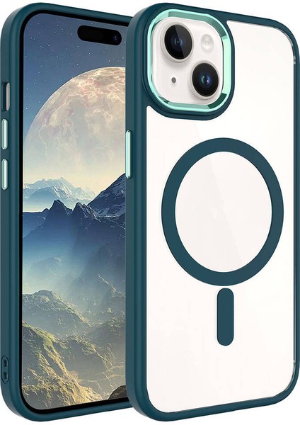 iPhone 15 Plus Uyumlu Wireless Şarj Özellikli Zore Krom Magsafe Silikon Kapak-Koyu Yeşil