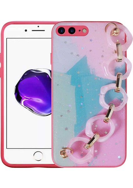 iPhone 7 Plus Uyumlu Simli Desenli El Askılı Tutacaklı Zore Elsa Silikon Kapak-Pembe Koyu