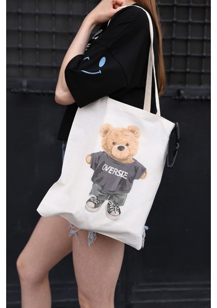 Dk Daksel Kanvas Teddy Bear Oversize T-Shirt Baskılı Omuz Çanta