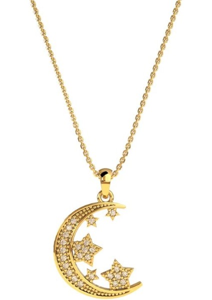 Zirkon Taşlı Gold Ay Yıldız Gökyüzü Gümüş Kolye