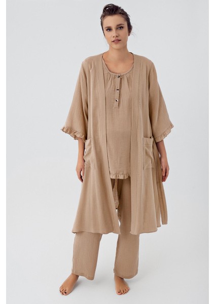 Çift Katlı Müslin Pamuklu Ayarlanabilir Yüksek Bel Düğmeli Hamile Sabahlık Pijama Takım M308