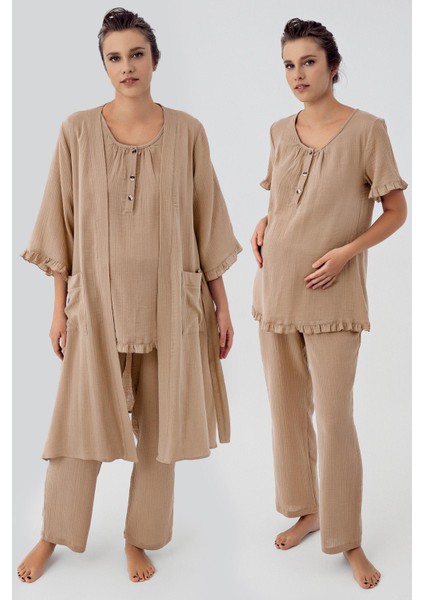 Çift Katlı Müslin Pamuklu Ayarlanabilir Yüksek Bel Düğmeli Hamile Sabahlık Pijama Takım M308