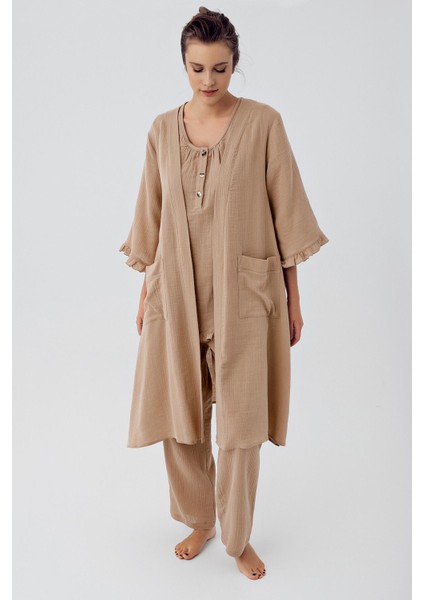 Çift Katlı Müslin Pamuklu Ayarlanabilir Yüksek Bel Düğmeli Hamile Sabahlık Pijama Takım M308