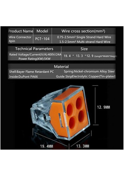 100 Adet PCT-104 4 Pinli Itmeli Hızlı Kolay Kablo Tel Birleştirici Konnektör Vidasız Klemens