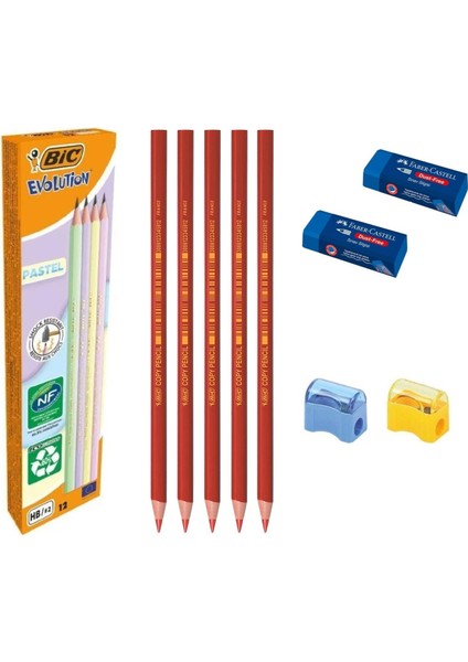 Evolution Pastel Kurşun Kalem 12'li + Kırmızı Kopya Kalemi 5'li +Sınav Silgisi 2'li +Kalemtraş 2'li