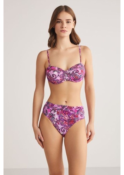 Ayarlanabilir Askılı Çıkarılabilir Push Up Sirencas Şal Desen Kaplı Straplez Yüksek Bel Bikini
