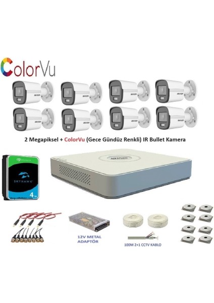 2mp 8 Kameralı Dış Ortam Ahd Hd-Tvı Colorvu Gece Renkli Kamera Seti 4tb Disk