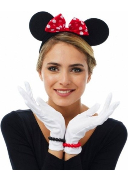 TSM Store Kırmızı Fiyonklu Minnie Mouse Tacı ve Beyaz Eldiven Seti (Clz)