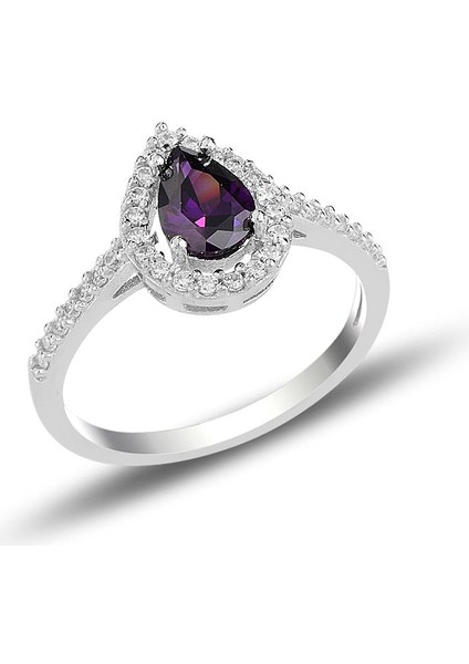 Gümüş Rodyumlu Ametis Taşlı Damla Modeli Yüzük SGTL11004MOR