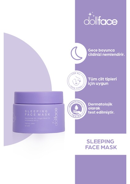 Dollface Jel Yüz Maskesi 50 ml Niacinamide ve Dragon Blood İçerikli Tüm Cilt Tipleri için Nemlendirici