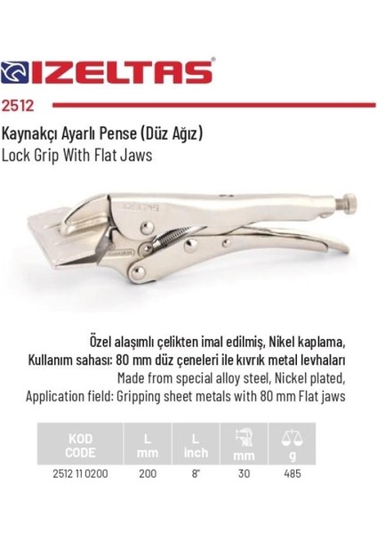 Izeltaş Kaynakçı Ayarlı Pense 200 mm 2512 11 0200 fiyatları