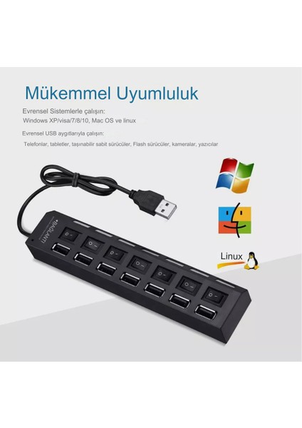 USB 2.0 Hub Güç Şeridi 7 Portlu On/of Anahtarlı Akım Korumalı Bilgisayar Çoklayıcı