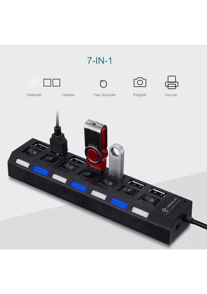 USB 2.0 Hub Güç Şeridi 7 Portlu On/of Anahtarlı Akım Korumalı Bilgisayar Çoklayıcı