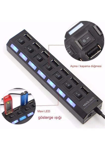 USB 2.0 Hub Güç Şeridi 7 Portlu On/of Anahtarlı Akım Korumalı Bilgisayar Çoklayıcı