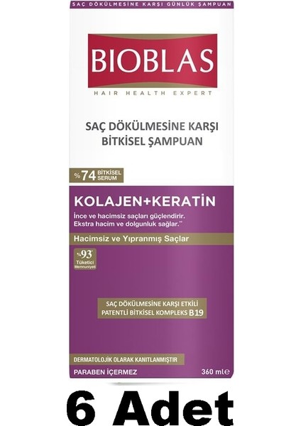 Kolajen + Keratin Saç Dökülmesine Karşı Şampuan 360 Ml 6 Adet